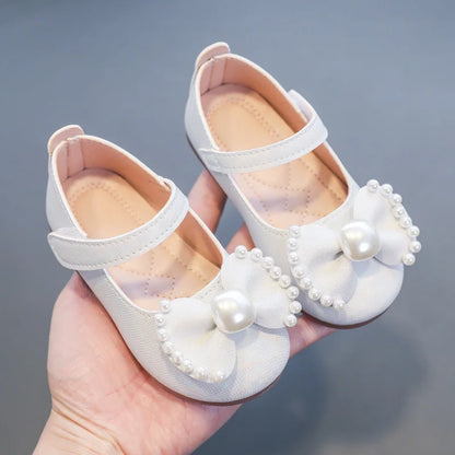 Girl's Leather Shoes Casual Simple Bowtie with Pearls 2024 New Flat Shoes Soft Sole Baby Kids Dress Shoes Children Party Flats
