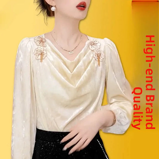 Faionable Floral Patchwork Long Sve irt Women's Winter Luxury Sle Ele Top French Sle Loose Fit Polyester Fiber