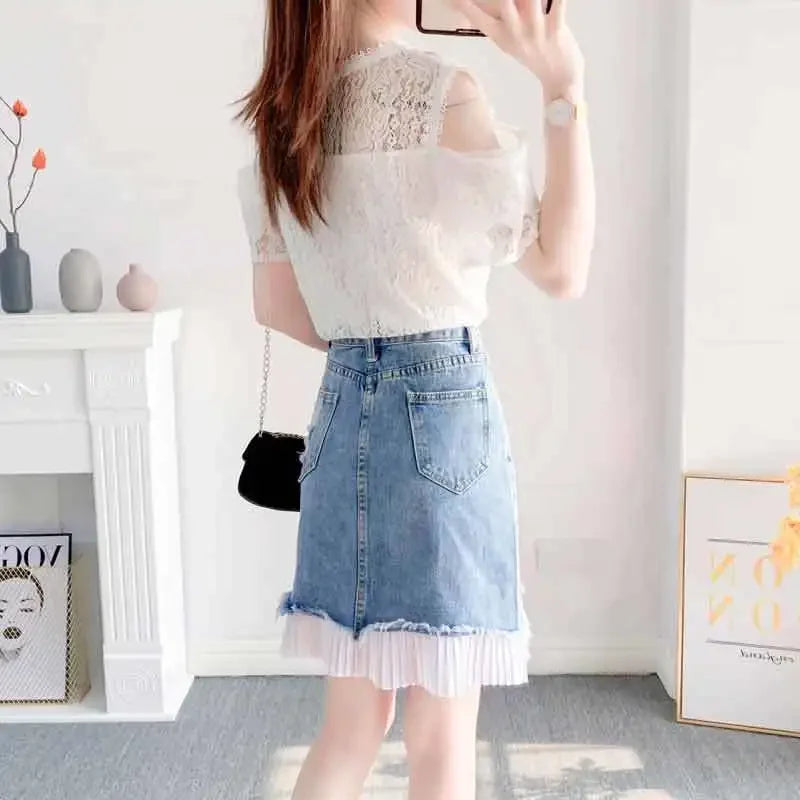 Short 2 Pieces Sets for Women Commuting Skirt White Mature Denim Sleeve Woman Outfit Blue Mini Kawaii Summer Fashion 2025 Full