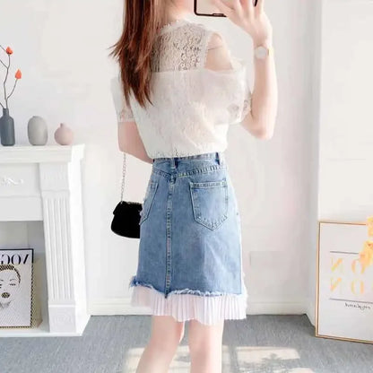 Short 2 Pieces Sets for Women Commuting Skirt White Mature Denim Sleeve Woman Outfit Blue Mini Kawaii Summer Fashion 2025 Full