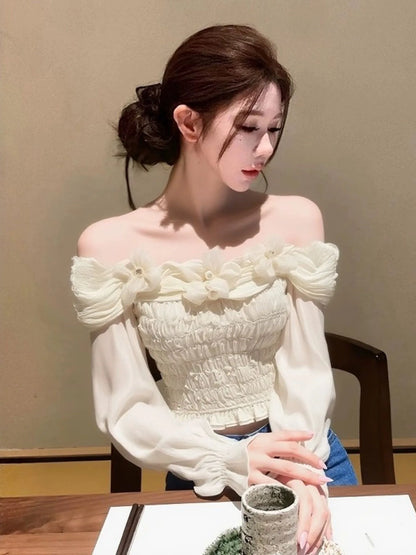 Unique Beautiful Lace Long Sve oulder Bared Chiffon Blouse Women Early Spring Faionable Bellflower irt Organic Bambo...