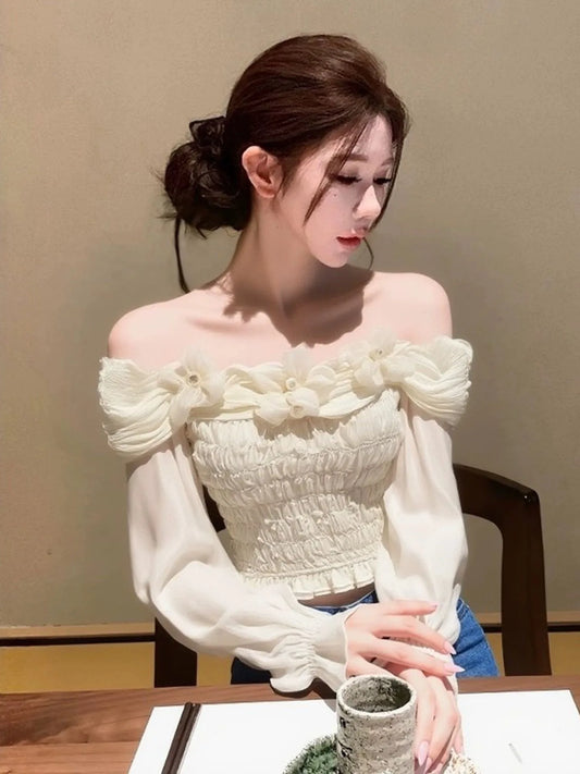 Unique Beautiful Lace Long Sve oulder Bared Chiffon Blouse Women Early Spring Faionable Bellflower irt Organic Bambo...