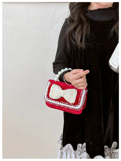 Sweet Bow Children's Small Square Shoulder Bag Sequin Lace Princess Girls Crossbody Bags Pearl Handle Coin Purse Handbags Gifts