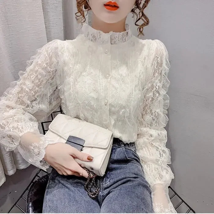 Blouse Women Shirt Lace Long Sleeve Women's Clothing Spring Lantern Sleeve Stand Collar Cardigan Top Blusas Mujer De Moda