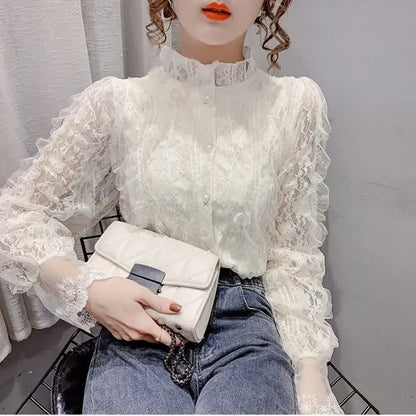 Blouse Women Shirt Lace Long Sleeve Women's Clothing Spring Lantern Sleeve Stand Collar Cardigan Top Blusas Mujer De Moda