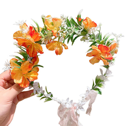 Boho Women's Flower Crown Forest Elf Fairy Floral Hair Hoop Handmade Simulation Ribbon Flower Headband Exquisite Hair Accessory