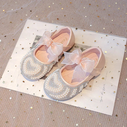 Girls Rhinestone Shoes with Big Heart Pearl Lace Bowtie Fashion Princess Sweet Kids Dress Flats for Wedding Party Chic Elegant