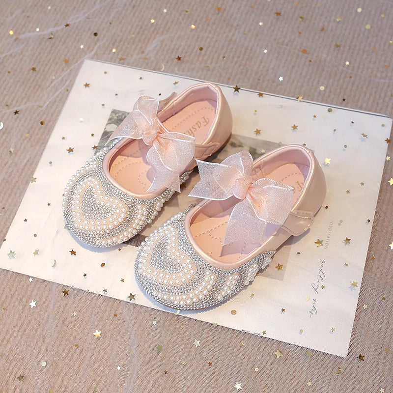 Girls Rhinestone Shoes with Big Heart Pearl Lace Bowtie Fashion Princess Sweet Kids Dress Flats for Wedding Party Chic Elegant