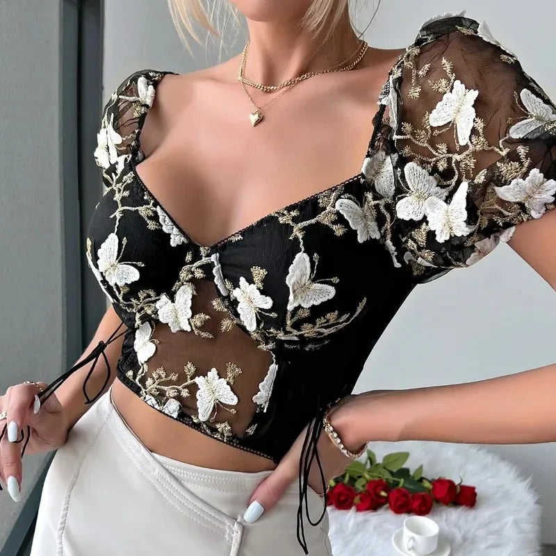 Women Summer Sexy Mesh Flower Embroidery Design Puff Sleeve Fishbone Corset Ins Style Slim-fit Sweet Spice Girl Short Crop Tops