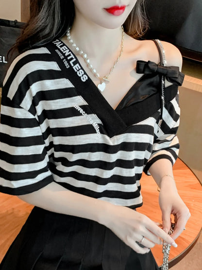Unique Design oulder Bared ort Sve V-Ne Loose T-irt for Women  Knot Print Splice Asymmetrical Korean Sle