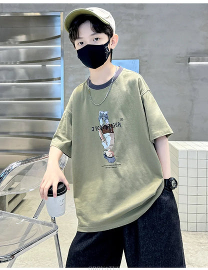Summer Tees Tops for Teen Boy Cotton T-Shirt New Short Sleeve Fashion Cartoon Tshirts for Children Korea Kids Luxury Clothes