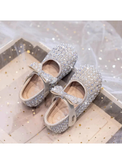 Autumn New Girls Single Princess Shoes Pearl Shallow Children's 2025 Comfortable Flat Shoes Kid Baby Rhinestone Bowknot Shoes