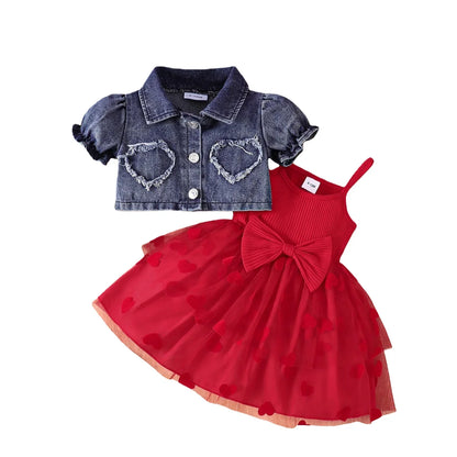 Summer 0-6Y Kids Clothes Girls Denim Collar Short Jacket 2pcs Set Sling Dress Bowknot Tulle Puff Skirt Girl Outfit