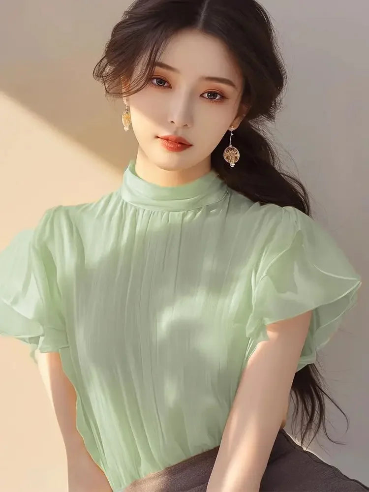 Short-sleeved Top for Women in Summer Fashionable Shirt French Style Unique and Beautiful Age-reducing Mint Green Chiffon Shirt