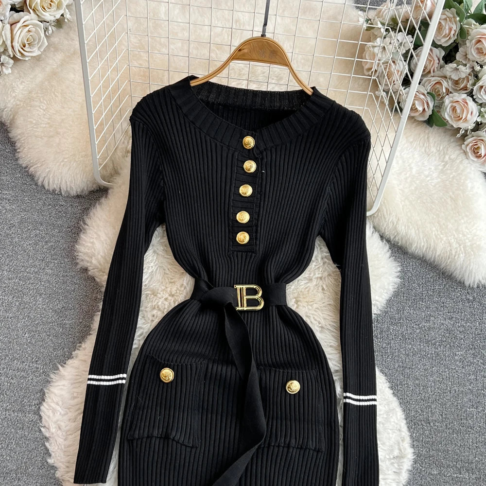 Women Dress 2025 Autumn Winter Elegant Rib Knit Long Pencil Dress with Belt Office Lady Bodycon Sweater Dress Vestidos