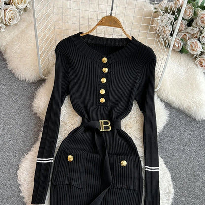 Women Dress 2025 Autumn Winter Elegant Rib Knit Long Pencil Dress with Belt Office Lady Bodycon Sweater Dress Vestidos