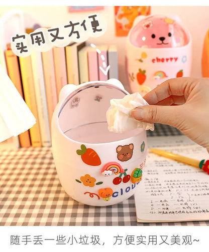 Mini Desktop Trash Can Organizer Cute Bear Multifunction Creative Cosmetic Bucket with Lid Pen Holder Kawaii Stickers Patchers