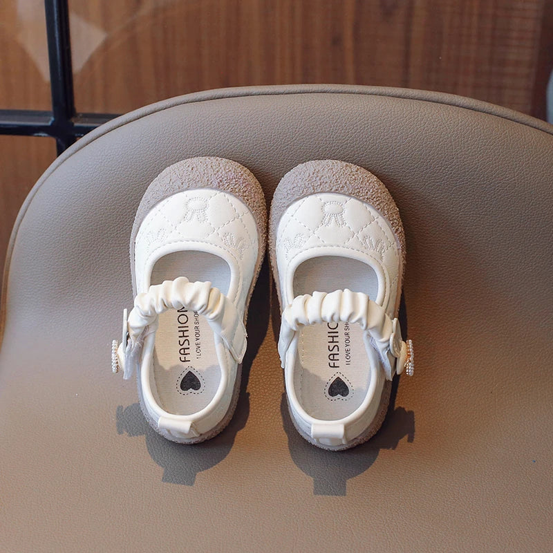 Girl's Mary Janes Cute Flat Sewing Pu Leather Little Children Leather Shoes Pu 21-30 Hook-loop Anti-slip Lovely Kids Spring Shoe