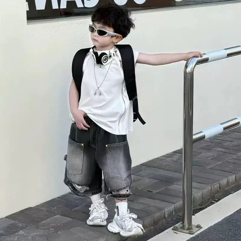 Boy Handsome Korean Version Sleeveless Vest + Retro Ripped Denim Shorts Two-piece Set Children's Casual Loose Set