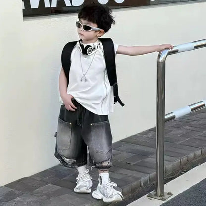 Boy Handsome Korean Version Sleeveless Vest + Retro Ripped Denim Shorts Two-piece Set Children's Casual Loose Set