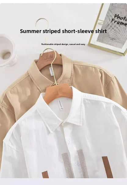 Comfortable Casual Loose Men's ort Sve irt Breathable Polyester Fiber Summer Faionable Japanese Sle Striped irt(Available)