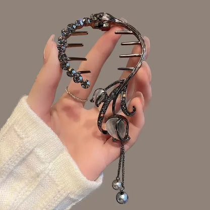 Ladies Butterfly Rhinestone Pearl Metal Hair Claw Round Bun Ponytail Holder