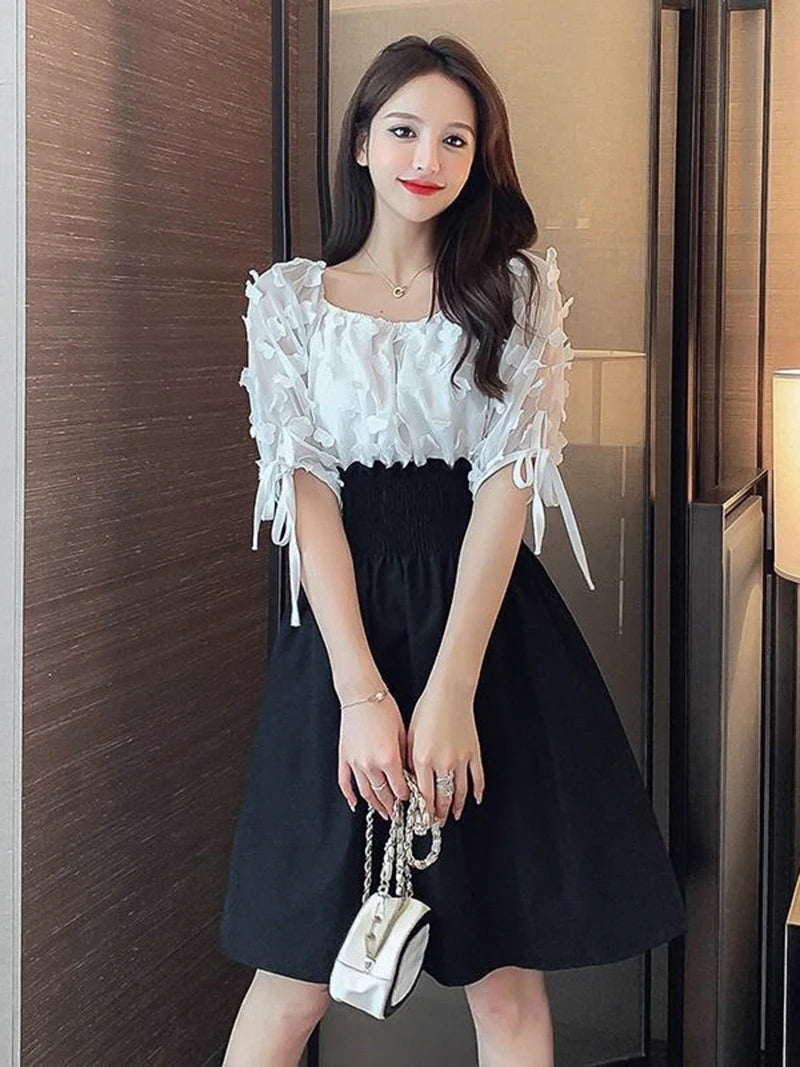Women Summer French Style Elastic Waist Dress Korean Edition New Splicing Design Slim Half Sleeve Fairy Knee-length Dresses