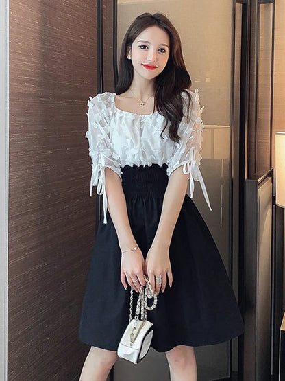 Women Summer French Style Elastic Waist Dress Korean Edition New Splicing Design Slim Half Sleeve Fairy Knee-length Dresses