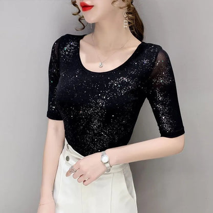 Summer Lady Mesh Tops Round Neck Short sleeved Bright Silk Tees Korean Fashion Black T shirt Women