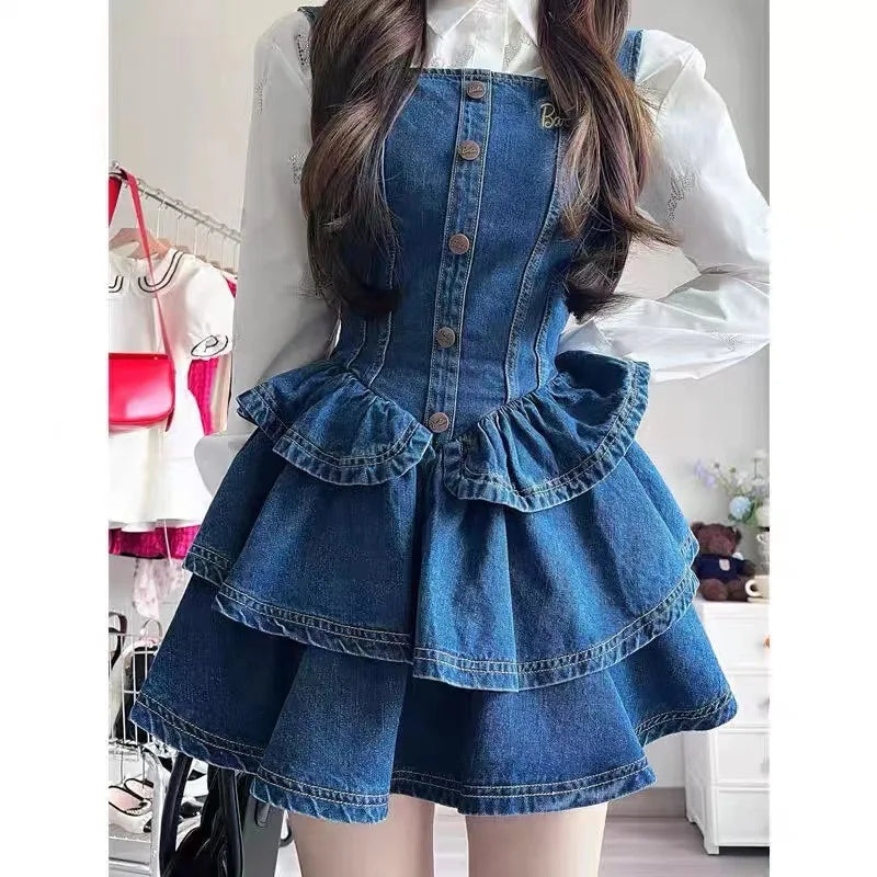 Retro shirt +dress set women slim waist denim halter dress