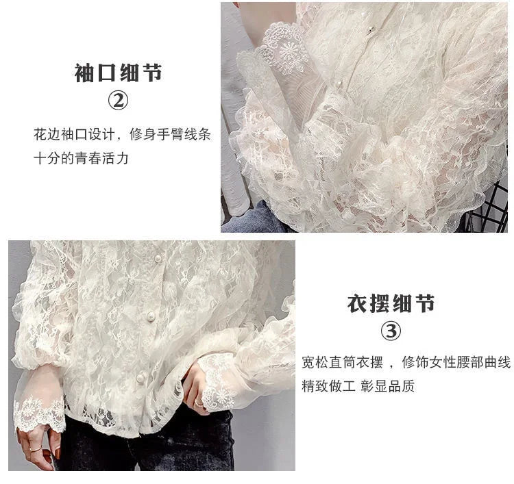 Blouse Women Shirt Lace Long Sleeve Women's Clothing Spring Lantern Sleeve Stand Collar Cardigan Top Blusas Mujer De Moda