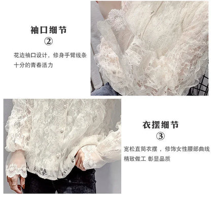 Blouse Women Shirt Lace Long Sleeve Women's Clothing Spring Lantern Sleeve Stand Collar Cardigan Top Blusas Mujer De Moda