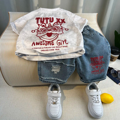 New Boys Fashion Summer Cotton Letter Printing T-shirts+Graffiti Denim Shorts 2pcs Set Kids Korean Outfits Sets Children Clothes