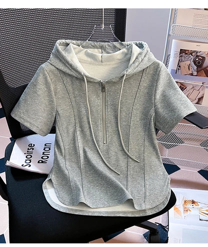 Summer New Women's Zipper Hoodie ort Sve T-irt Pure Cotton Slim Fit ort Fibone Top Korean Sle Commute Faion