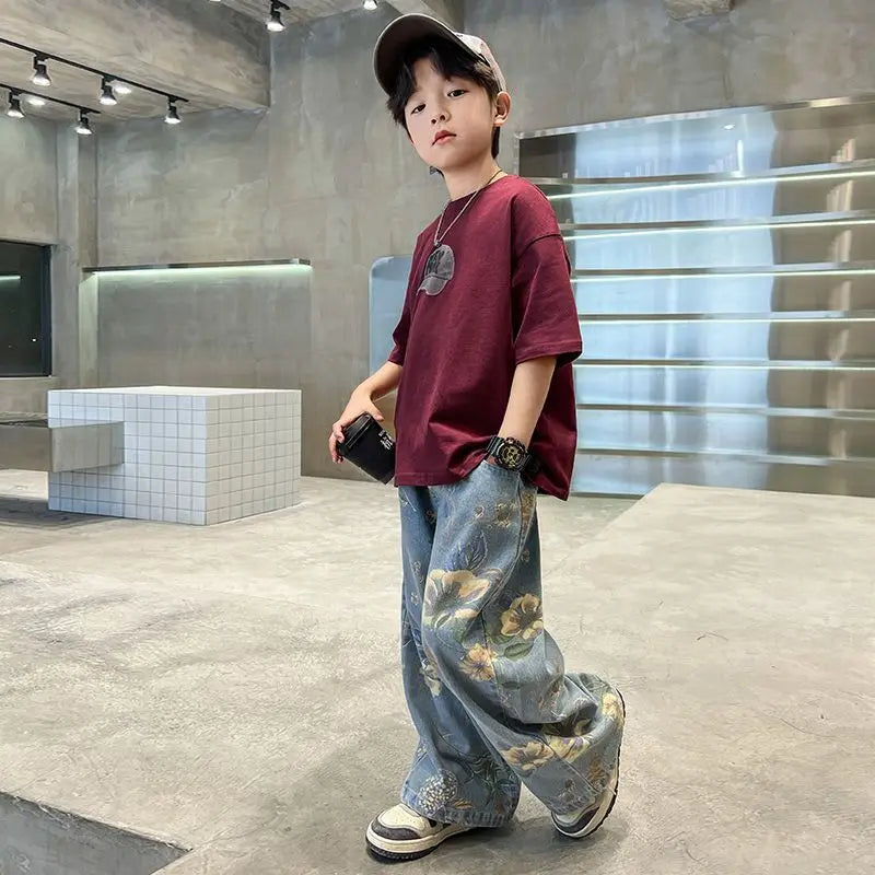 Boys' Summer Outfit Sets New Style Children's Short Sleeved T-shirt Long Pants Two-piece Suits Big Children's Stylish Sets