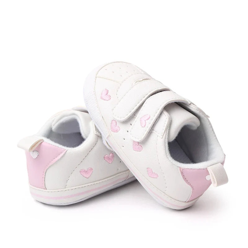 Baby White PU Sneaker Non-slip for Toddler Boys and Girls Cute Embroidery Stars and Hearts