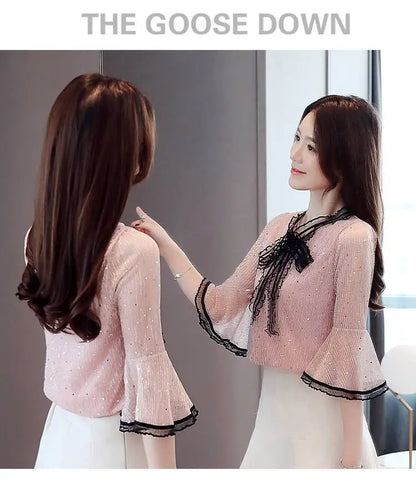 Chiffon Base Shirt with Mid Sleeves Versatile New Spring Sweet and Fashionable Korean Women's Top