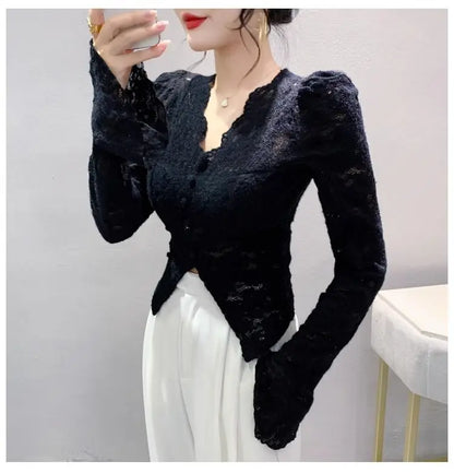 Spring Summer Lace T-shirt Slim Women V-neck Long Sleeve Shirt Button Irregular Short Tops Puff Sleeves Vintage Chic Design Tees