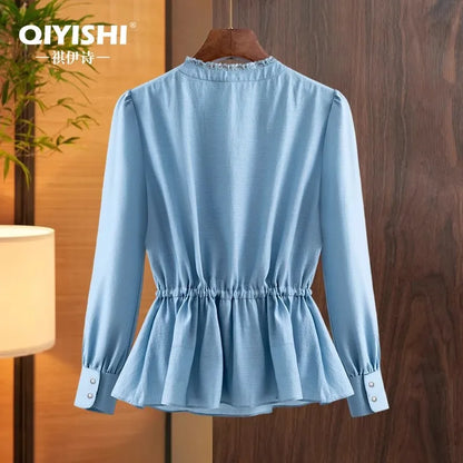 Elegant French Style V-Neck High End Blue Long Sleeve Blouse 2025 Fall New Belt Lace-up Fashion Slim Cinched Waist Tops Shirts