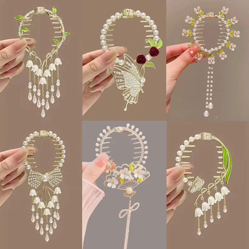 Ladies Butterfly Rhinestone Pearl Metal Hair Claw Round Bun Ponytail Holder