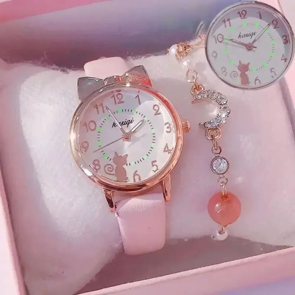 High Quality Quartz Clock Watch Bracelet Set Leather Watchband Casual Quartz Watch Cute Cat Ear Bracelet (Available)