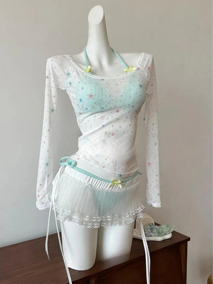2026 New High Waist Fairy Sweet 4-Piece Women's Split Bikini Set Print Long Sleeve Swimwear Trendy Beach Vacation Fairy Swimsuit