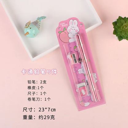 5Pcs Cute Cartoon Stationery Set Pencil Ruler Eraser Pencil Sharpener Kawaii Children School Scrapbook Supplies Set For Gifts