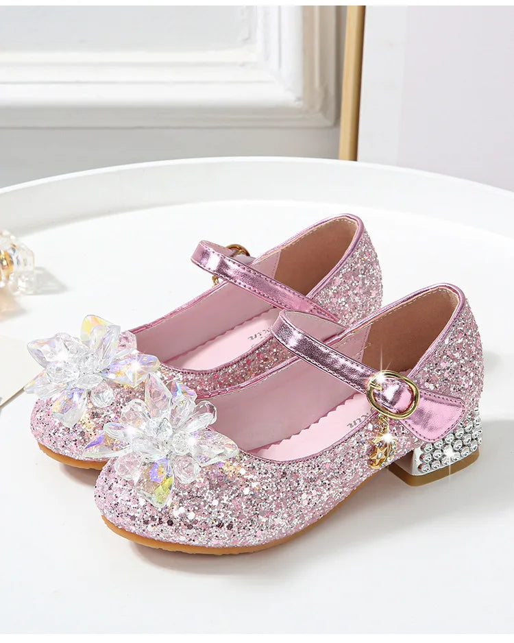 Kids Causal Shoes Wedding Party Children's High Heels Princess Shiny Crystal Flower Girls Leather Shoes Pink Blue Sliver 23-38