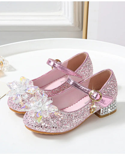 Kids Causal Shoes Wedding Party Children's High Heels Princess Shiny Crystal Flower Girls Leather Shoes Pink Blue Sliver 23-38