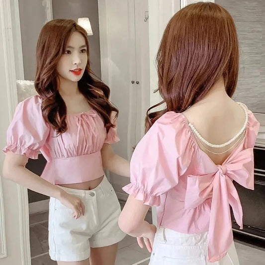 Summer New Fashion Temperament Women Bubble Sleeve Square Collar Shirt Design Sense Of Small Sweet Halter Short Sleeve Top