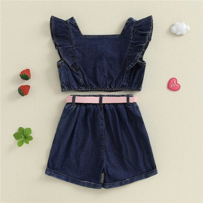 Baby Girls Summer Outfits Fly Sleeves Denim Tank Tops and Elastic Denim Shorts with Belt Set Fashion Children Kids Clothes