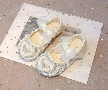 Girls Rhinestone Shoes with Big Heart Pearl Lace Bowtie Fashion Princess Sweet Kids Dress Flats for Wedding Party Chic Elegant