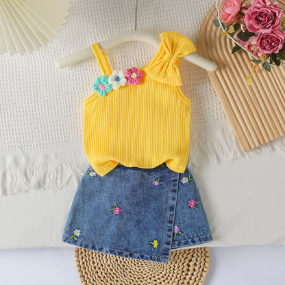 Small Fresh Jeans Skirts Sets Cute Baby Girl Comfortable And Breathable Set Cute Flower Embroidery Short Sleeve Skirt Two Piece