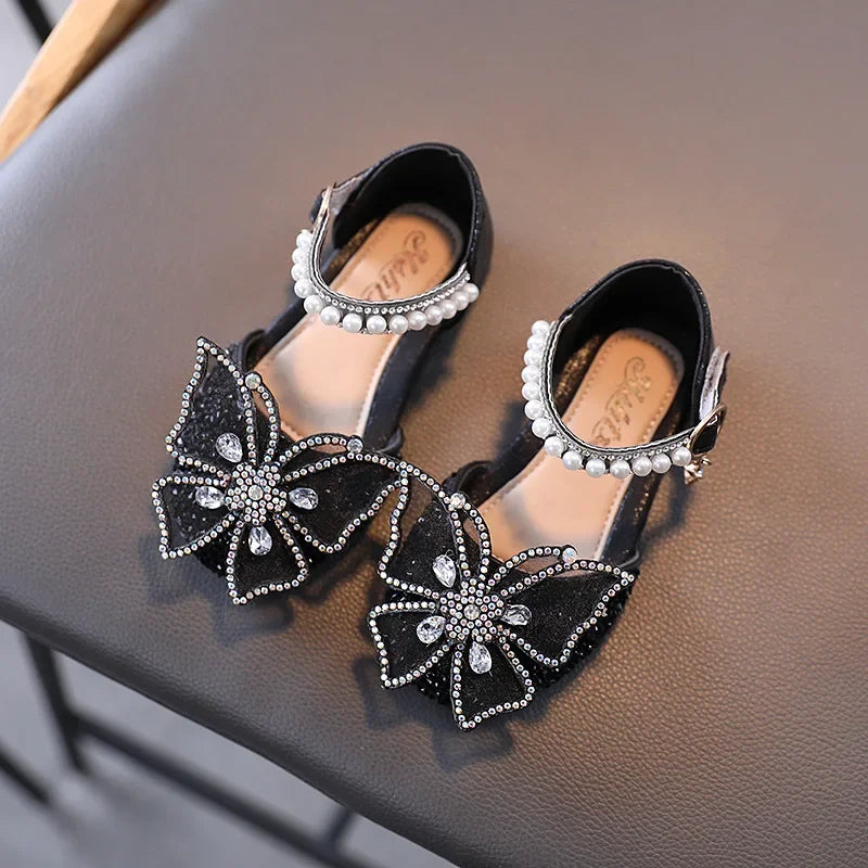 Large Crystal Bow Tie Kids Shoes for Girl Princess Beading Mary Jane Shoes Bling Prom Children  Girls Designer Shoes